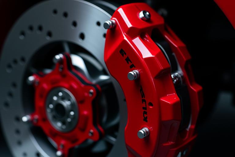 Primo piano su un sistema frenante potenziato con pinze rosse e dischi forati